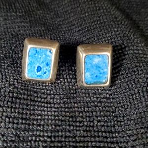 Vintage Mexico Sterling Silver Blue Stone Rectangle Pierced Earrings